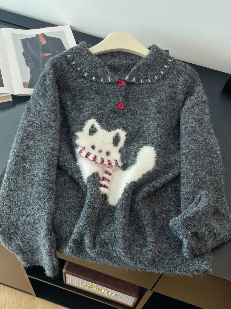 المرأة محبوك سترة رفض طوق الكرتون الكلب الخريف الشتاء الحلو سترة أنيقة على الموضة نمط Preppy الإناث سترة غير رسمية جديد