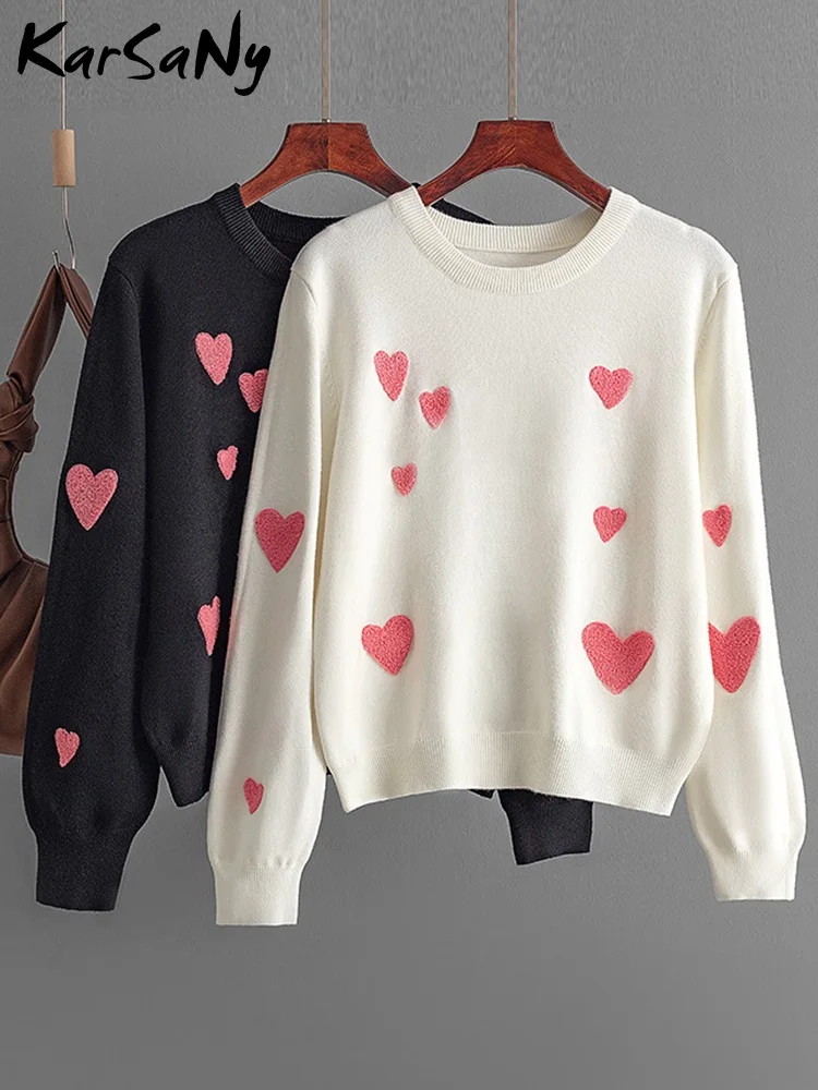 Suéter de punto para mujer, Otoño Invierno, suéter con bordado de corazón, jersey de punto de manga larga con cuello redondo para mujer, jerséis, Top para mujer