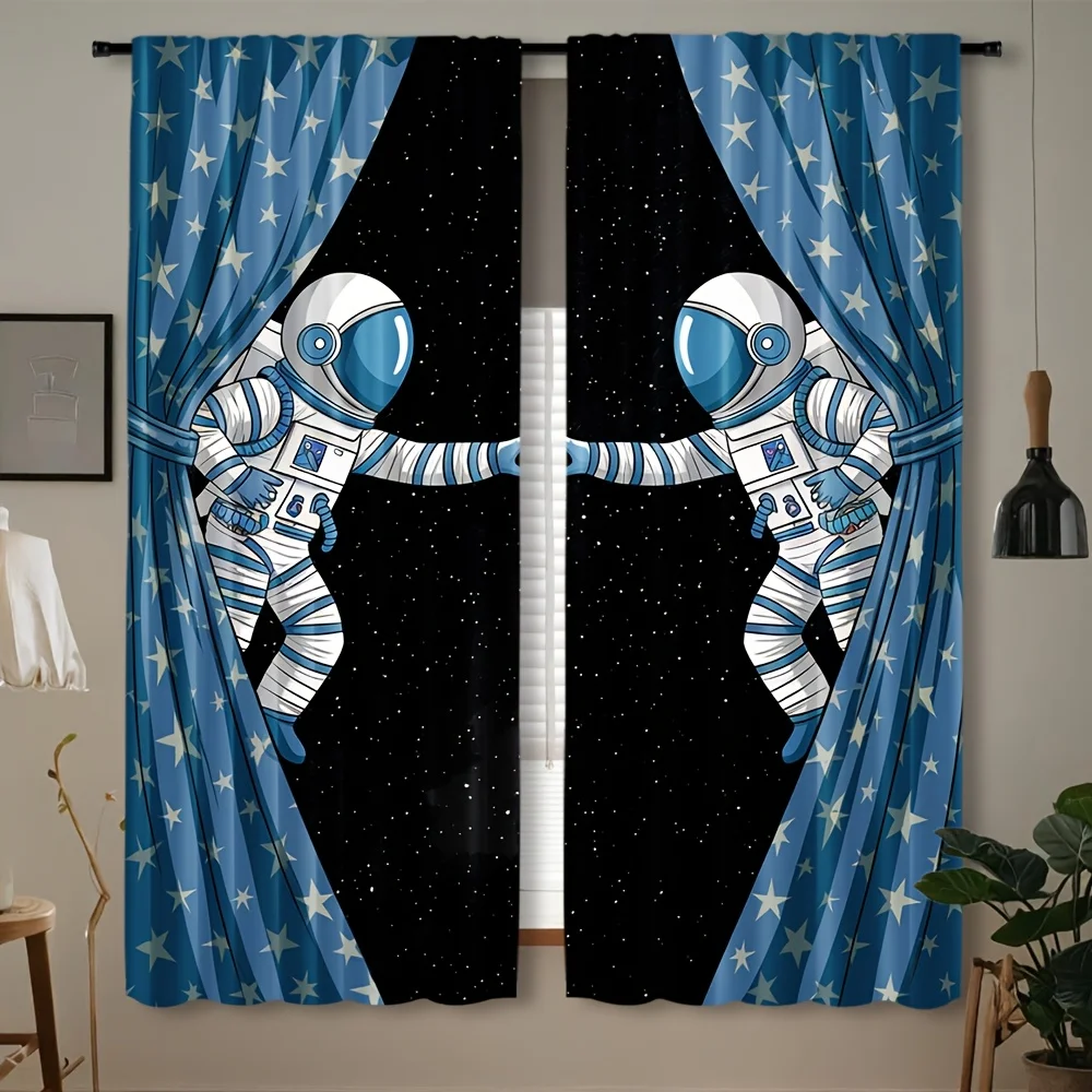 2pcs Astronaut Space Curtains - Fun & Adventure-Themed Polyester Drapes with Rod Pockets, Machine Washable, Blue Starry Design f