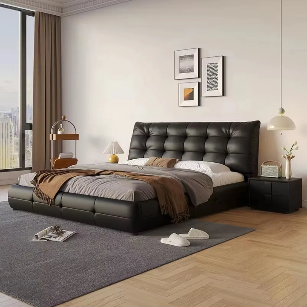 Modern Luxury Italian Minimalist Bed Frame Square Tufted Headboard Black Leather Upholstered Large Bed for Master Bedroom