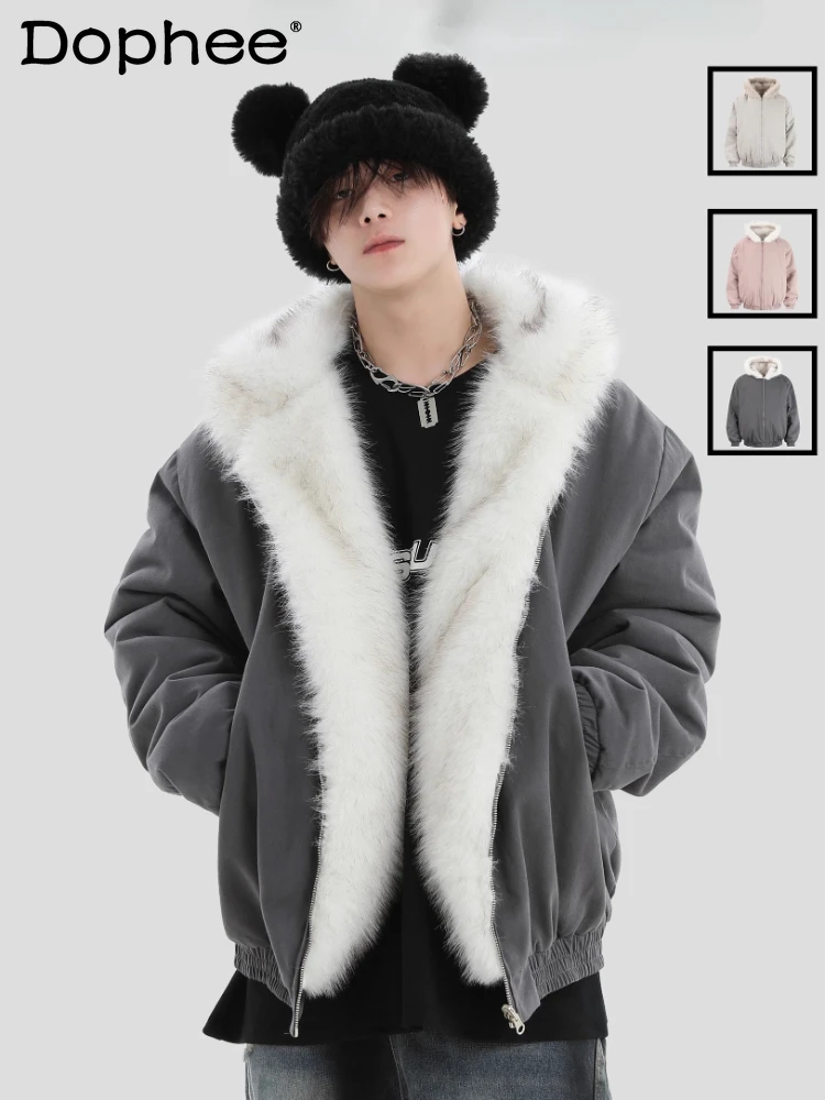 

Male 2024 Winter New American Style Thickened Jacket Loose Wear Both Sides Long Sleeve Solid Color Zipper Fur Collar Cotton Tops