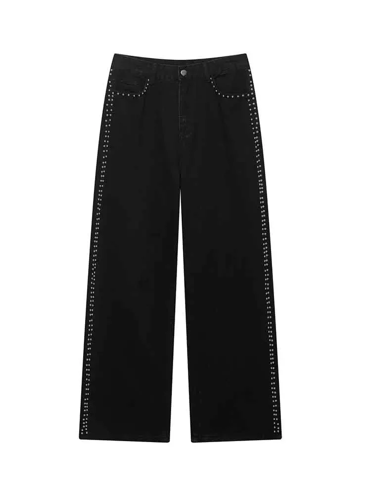 

European style new women's fashion versatile retro loose casual washed beaded decorative straight jeans