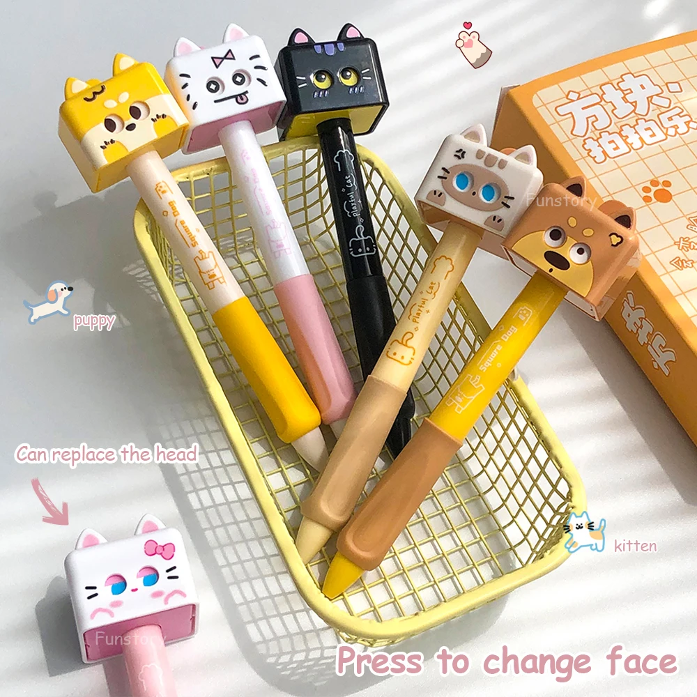

4 шт., гелевая ручка для лица, сменная нажмите, 0,5 мм, забавная быстросохнущая ручка с маленьким котом, креативная забавная ручка для снятия стресса