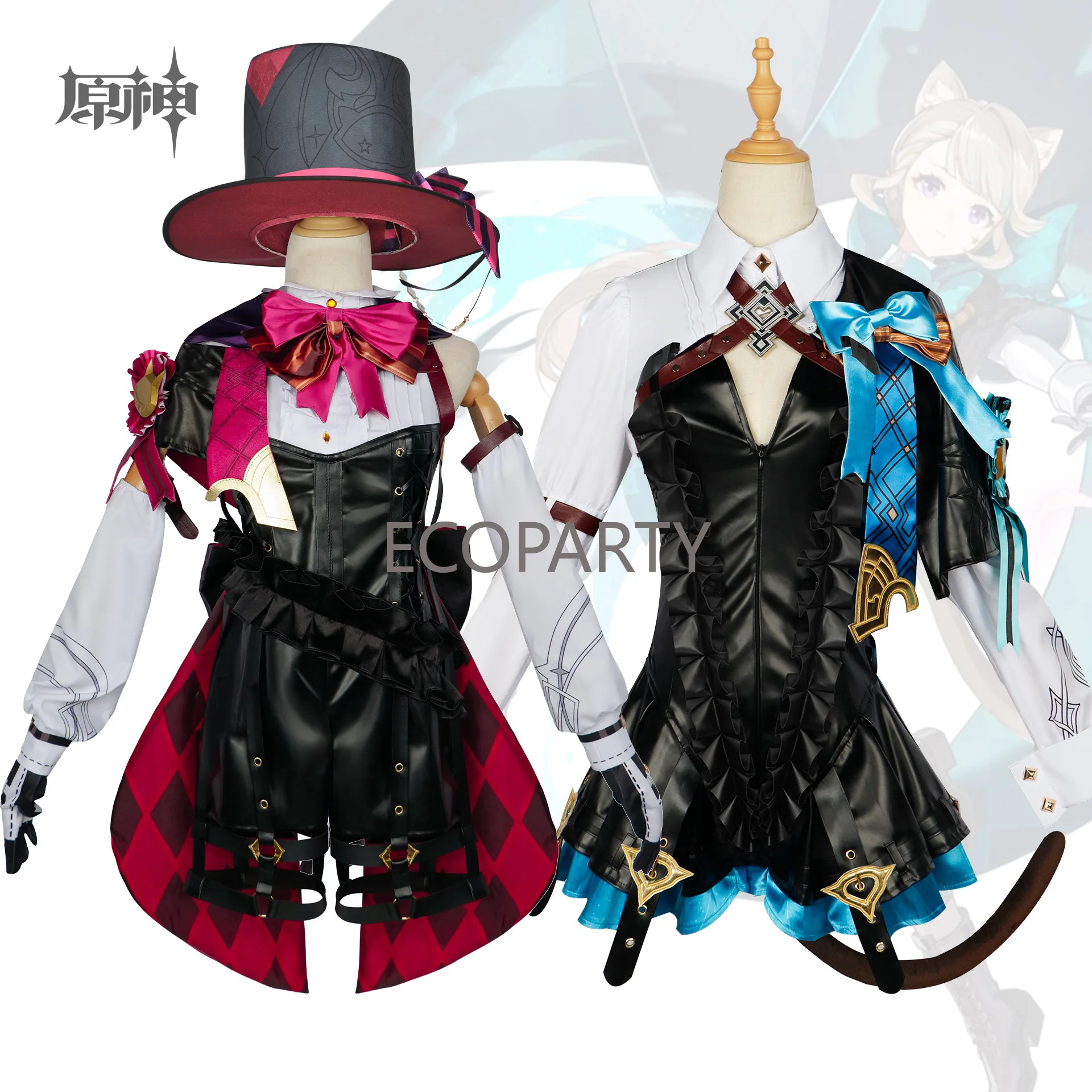 

Lynette Genshin Impact Cosplay Costume Wig Fontaine Lyney Leather Uniform Dress Long Hair Ears Skirt Glove Outfit Tail Magician