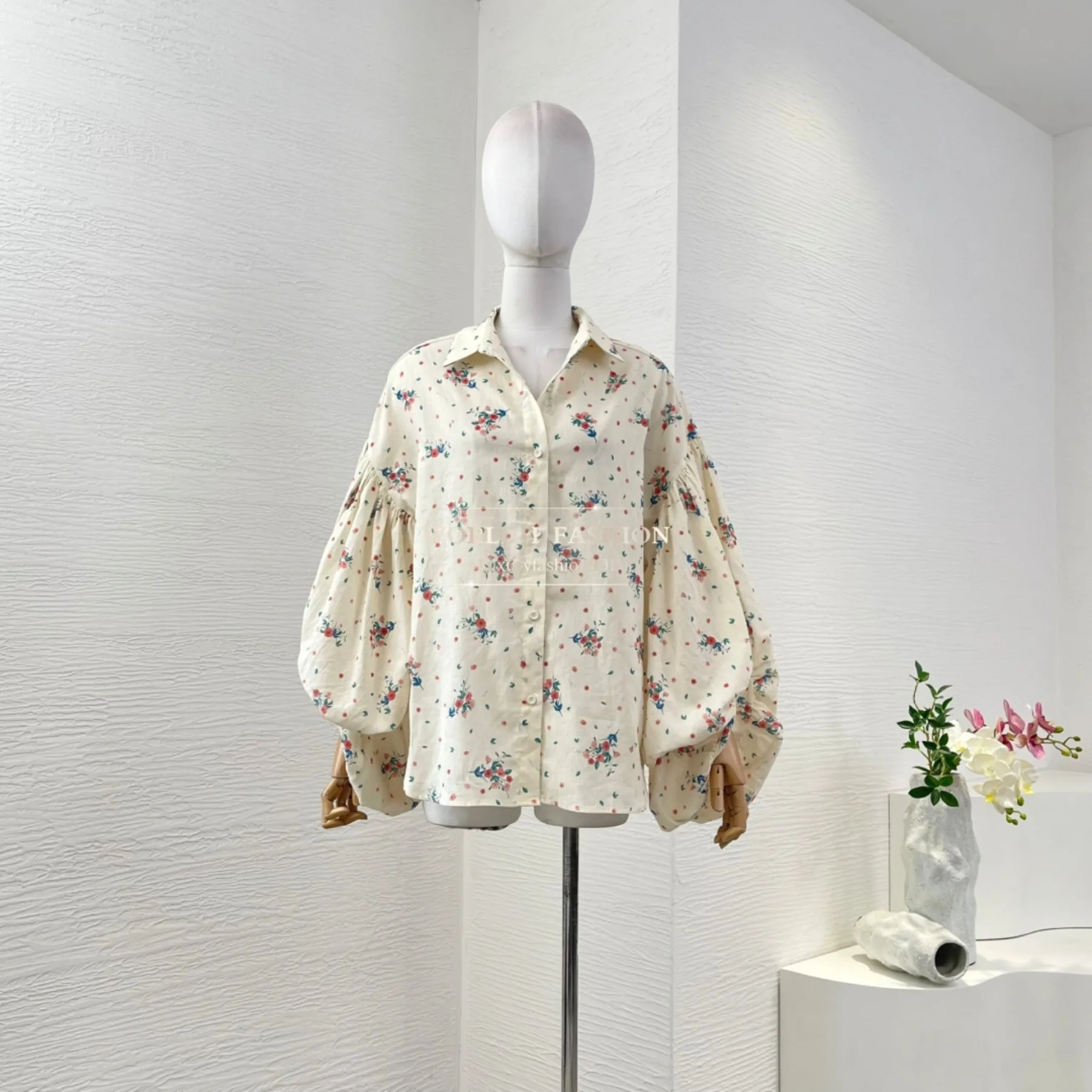 

Beige Long Sleeve Lantern Sleeve Floral Print Blouse Tops and Shorts 2025 Linen