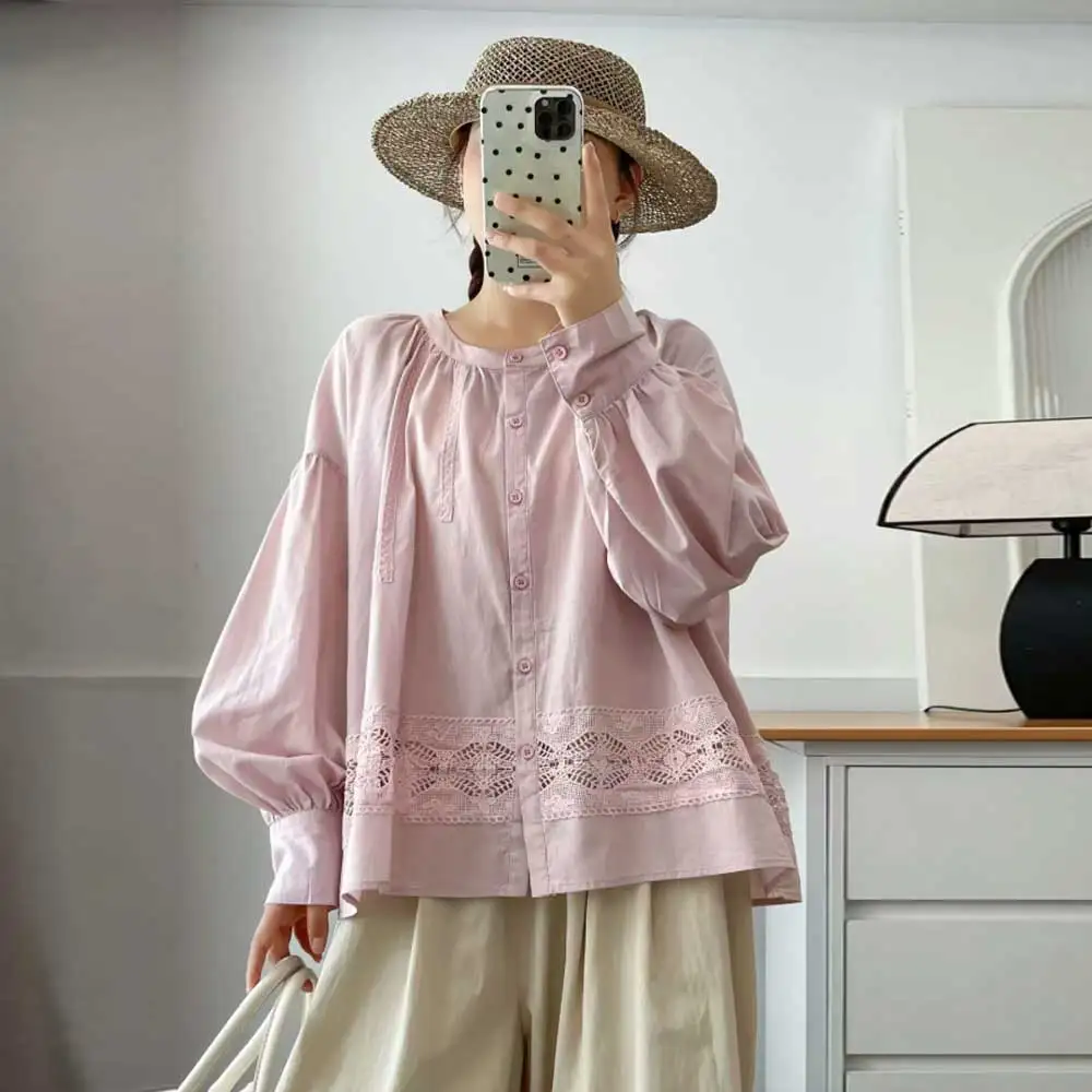 

Japanese Sweet Mori Girl Solid Color Lace Hollow Out Shirts Women Autumn O-Neck Long Lantern Sleeve Casual Loose Blouse Tops