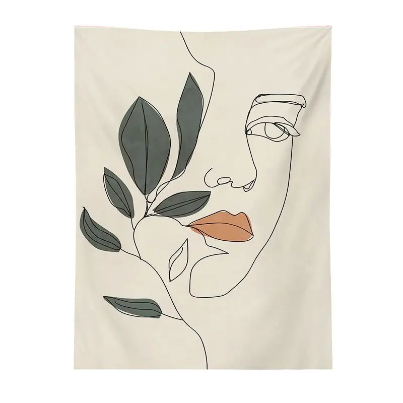 VIKAMA Watercolor Green Leaf Line Tapestry, Nordic Fresh Plants One Stroke Wall Hanging for Bedroom Living Room Decor