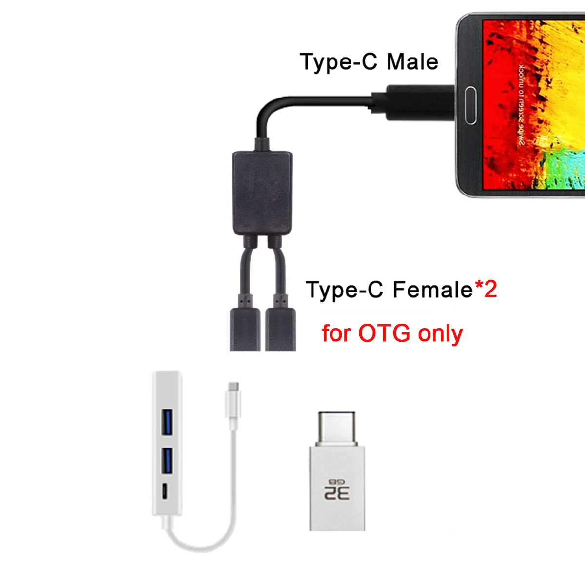 CYDZ Type-C to Dual Ports USB-C Female Hub Cable For Laptop PC & Mouse & Flash Disk