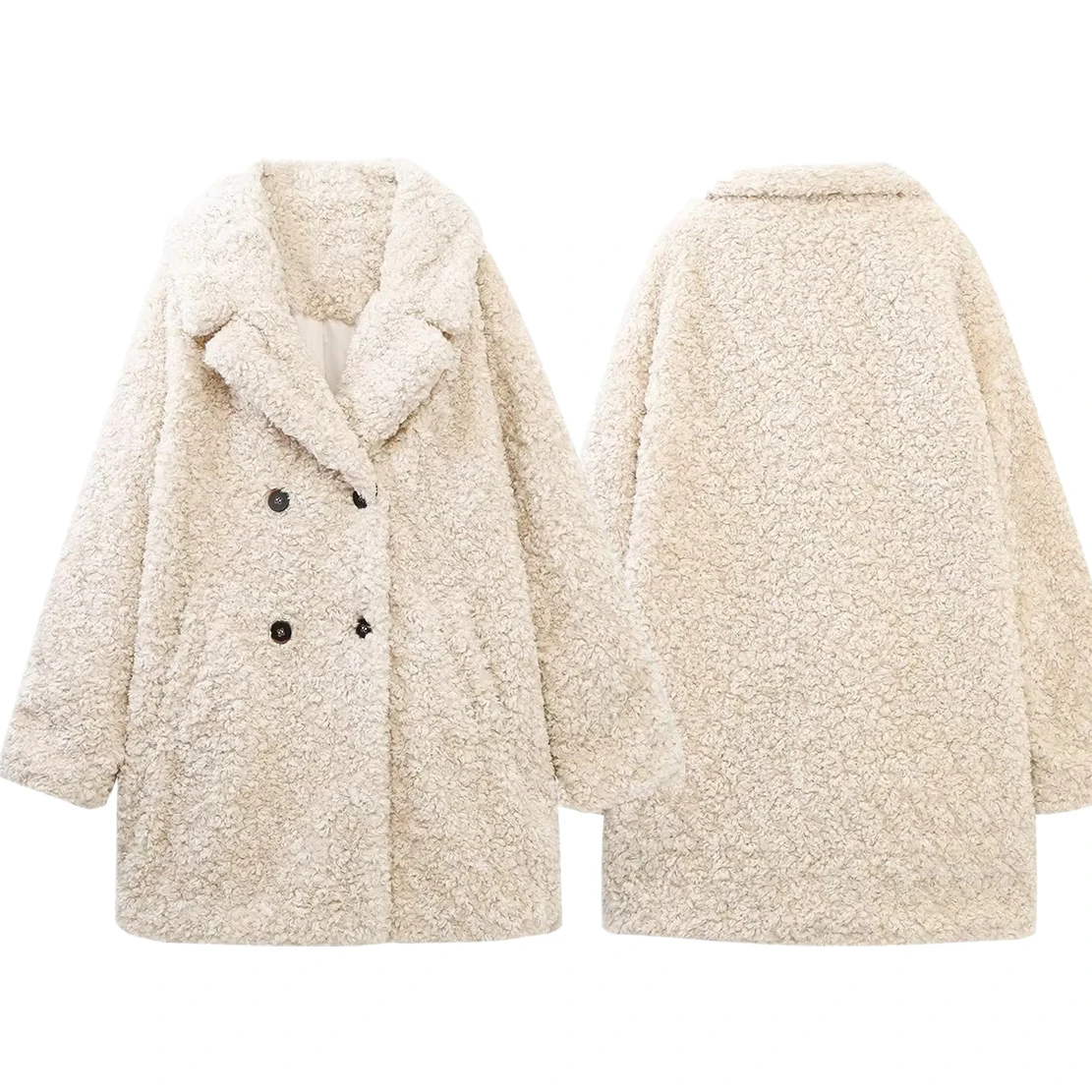 Maxdutti Faux Fur Texture Jacket Women Double-Breasted Coat British Fashion Women\'s Winter Beige Color Warm Retro Lamb Wool