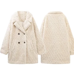 Maxdutti Faux Fur Texture Jacket Women Double-Breasted Coat British Fashion Women's Winter Beige Color Warm Retro Lamb Wool