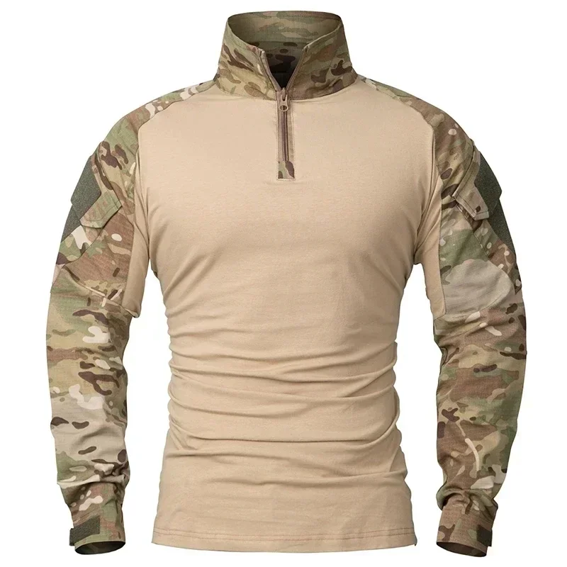 Outdoorowe koszule z długim rękawem koszula bojowa 1/4 zamek błyskawiczny Ripstop bawełna odporna na zużycie Camo Airsoft Paintball bawełniana odzież taktyczna