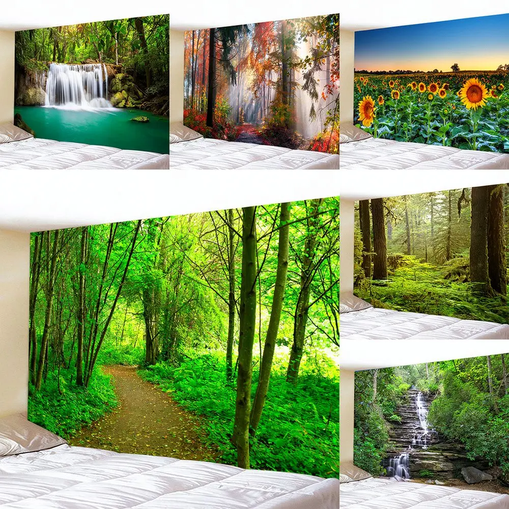 Beautiful Nature Tapestry Waterfall Forest Sunflower Wall Decor Aesthetic Fabric Hanging Backdrop For Home Living Room Art