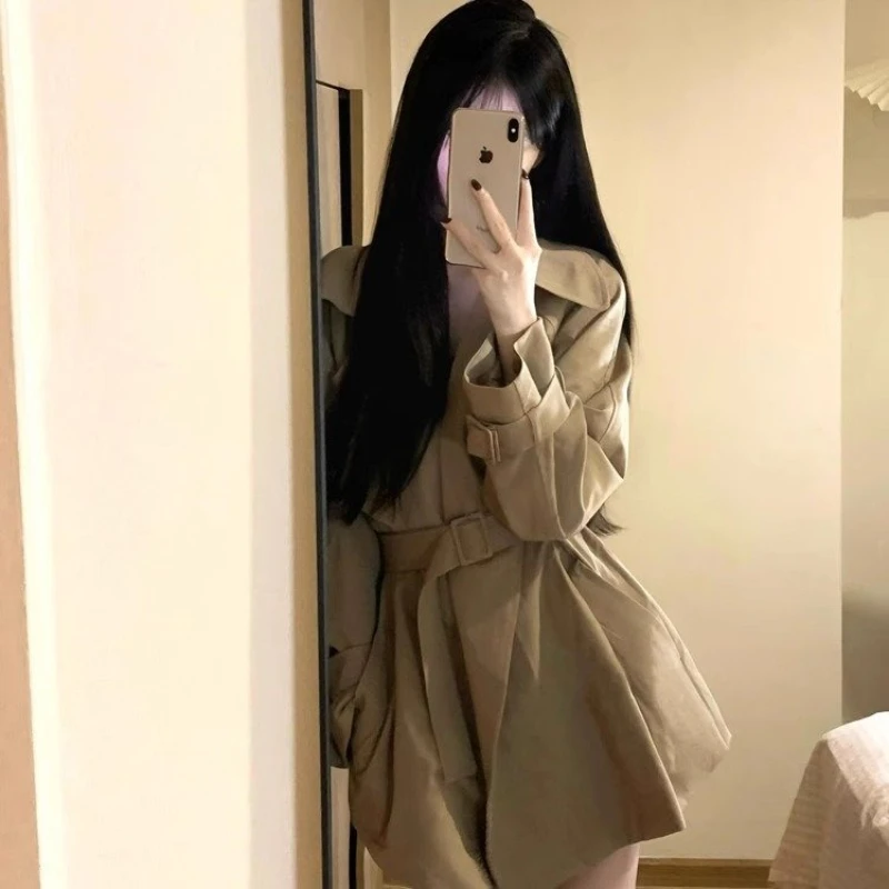 

Women's Coffee-colored Large Lapel Tie-front Trench Coat, 2025 Autumn, Stylish and High-end Mid-length Casual Top
