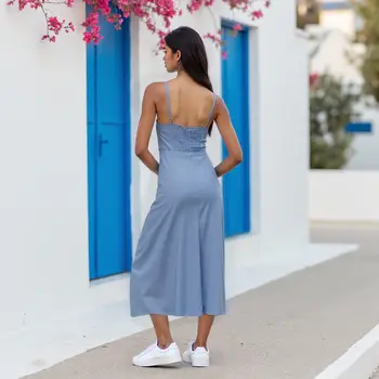 時尚純色寬鬆牛仔女式優雅翻領紐帶襯衫新款秋季長袖A字牛仔連身裙 10 最佳銷售 長袍牛仔褲 - №10