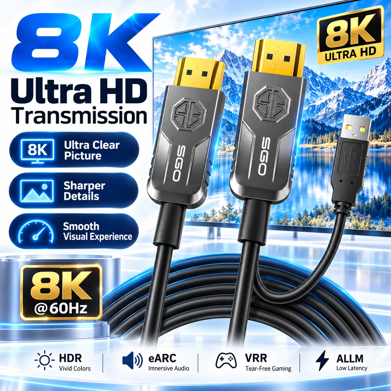 8K Fiber Optic HDMI 2.1 Cable 6-Core Pure Fiber 72Gbps 8K@60Hz 4K@120Hz HDR eARC VRR Zero EMI AOC Cable