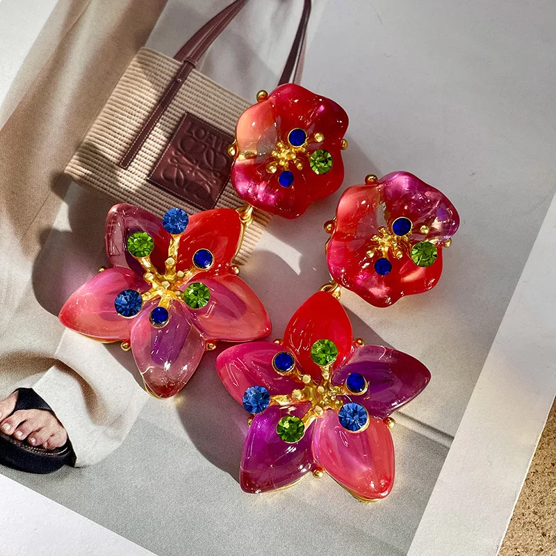 women fashion style earrings silver needle retro gradient crystal glass starfish exaggerated flower earrings
