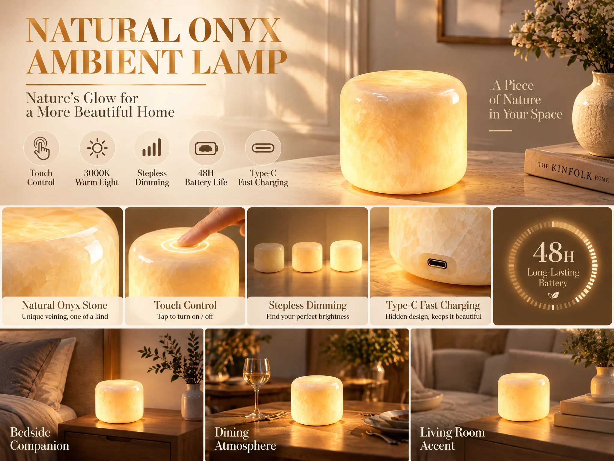 Handmade Natural Onyx Table Lamp,Wireless Portable Touch Lamp,3000K Eye-caring Warm Light for Bedroom Dining Room Decoration