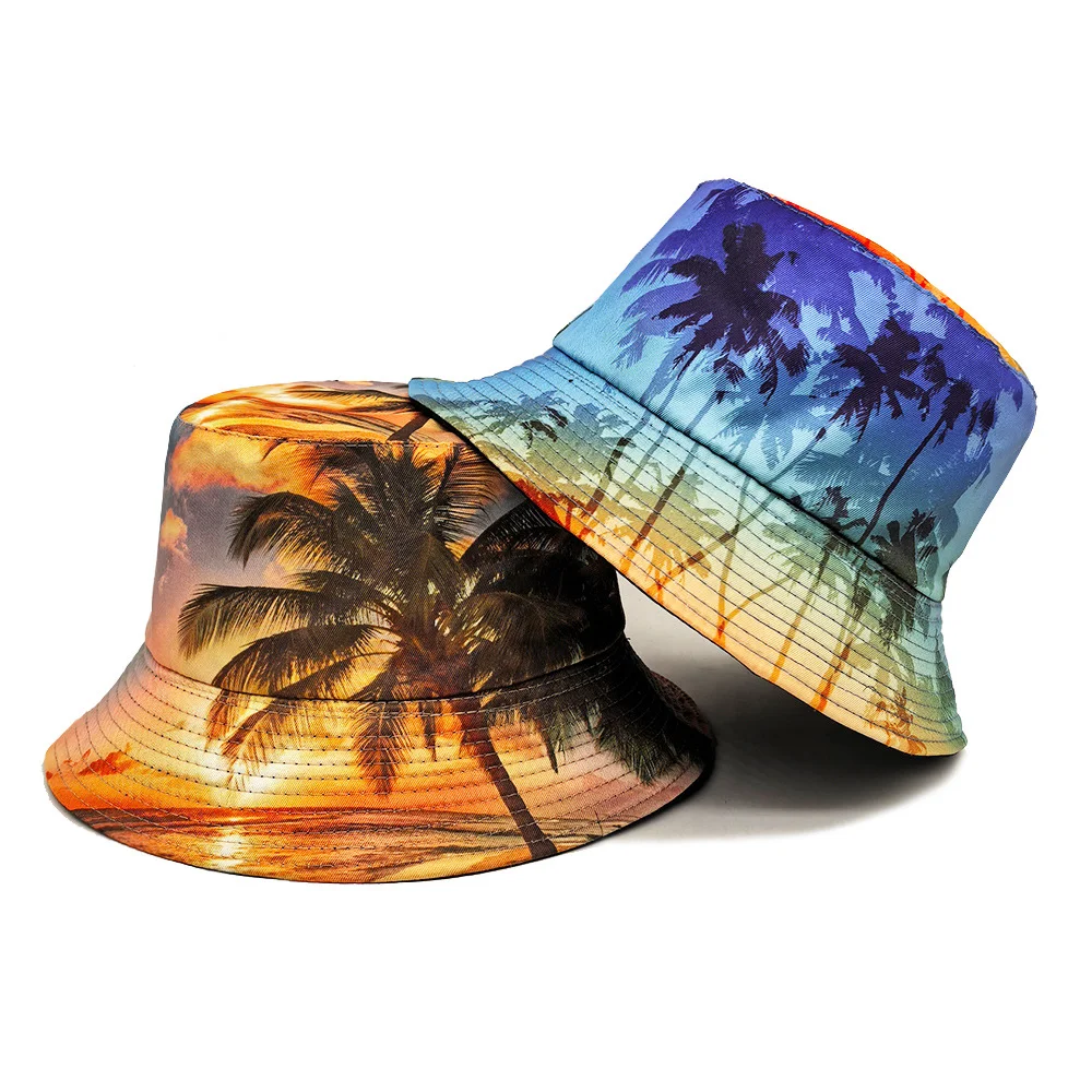 Hawaii coconut tree beach print double-sided fisherman hat - summer and spring seaside vacation outdoor leisure hat