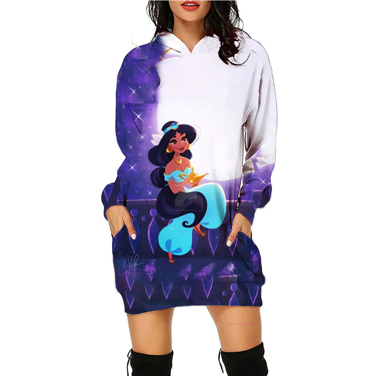 2023 New Disney Jasmine Princess Hoodie Dress Sweater Fashion Disney Dress Sweatshirt Dress 3d Allover Printed Hoodie for Women