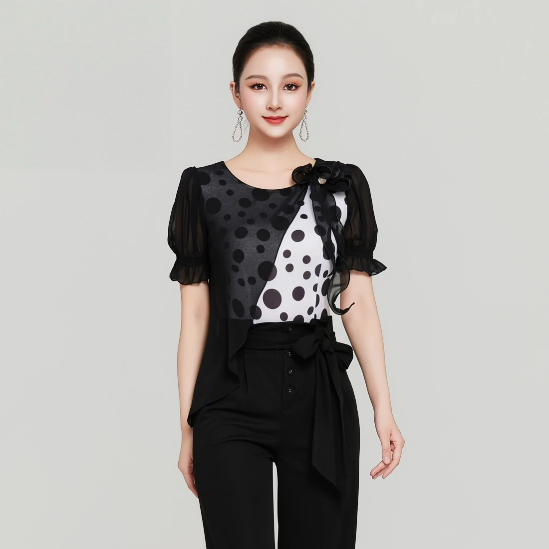 New Modern Dance Ice Silk Stretch One-piece Top Polka Dot Contrasting Color Waltz Ballroom Dance Practice Performance Costume