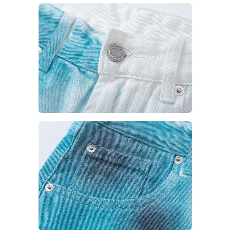 جينز جديد عتيق موديل 2025 بطلاء رذاذ متدرج غير منتظم للرجال سروال مستقيم مريح فضفاض ثنيات عالي الشارع