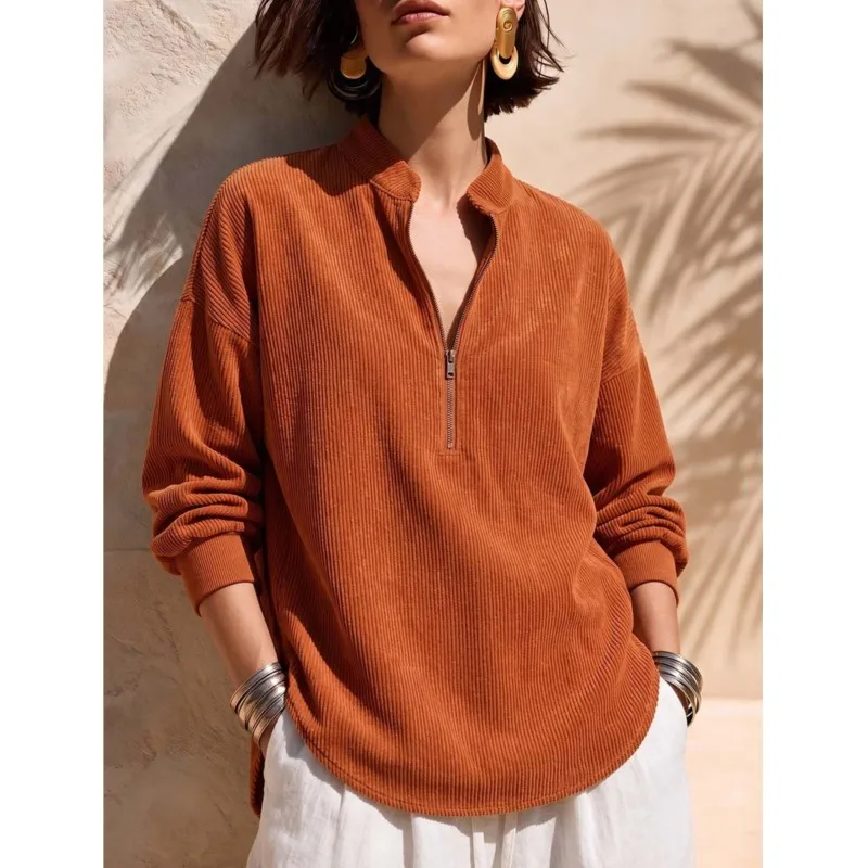 Women's Zip-Up Sweatshirt Half Zip Ribbed Corduroy Pullover Stand Collar Loose Casual Long Sleeve Tops Autumn Winter Plus Size