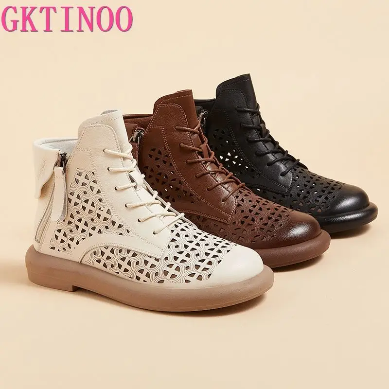 GKTINOO Women's Boots Sneakers Hollow Out Fashion Genuine Leather Shoes For Women 2024 New Spring Breathable Flat Ankle Boots