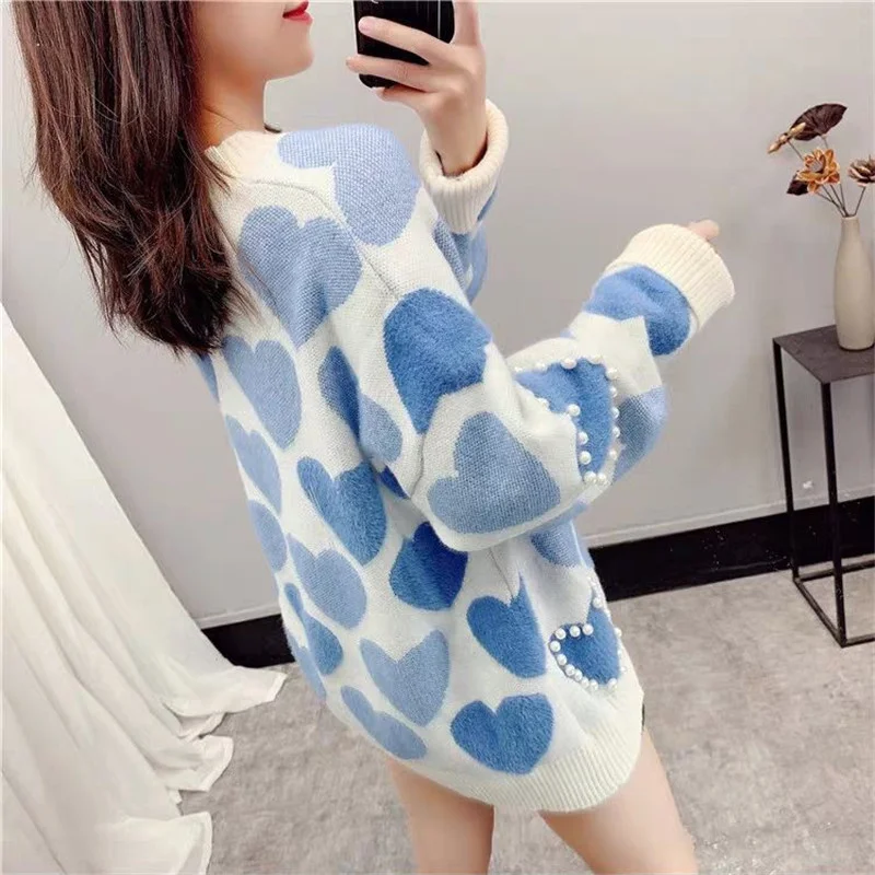 Spring Autumn New Korean Beaded Heart Printing Knitting Sweater Women Pullover Tops Korean Casual Long Sleeve Female Knit Jumper