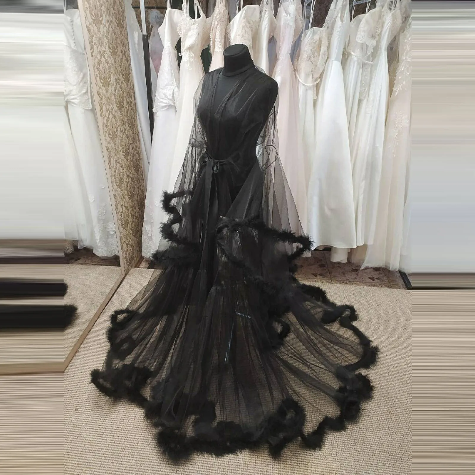 Sexy Black Feathers Tulle Robes For Photo Shoot Maternity Dress Long Sleeves See Thru Illusion Women Pregnancy Gowns 2024