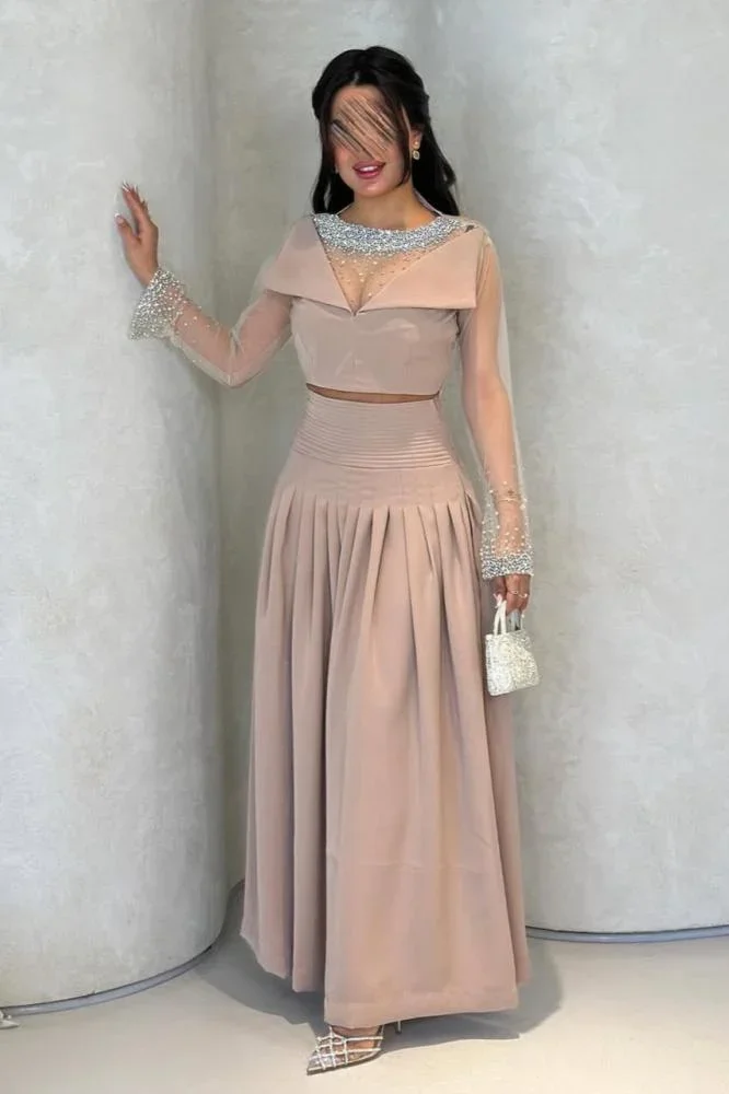 カスタマイズされた 2 ピースウエディングドレスビーズシアースリーブフォーマルイブニングパーティードレス بتصميم كلاسيكي فستان انيق