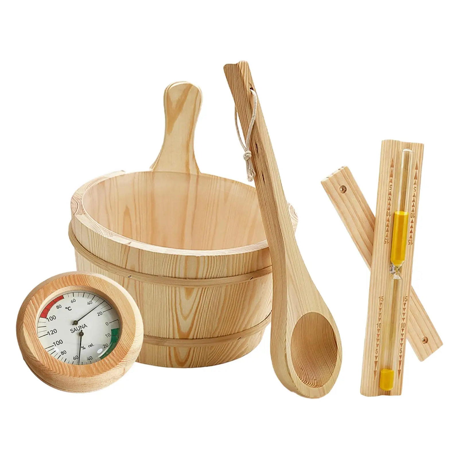 

4 Pieces Sauna Accessories Set Premium Sauna Equipment Durability Wear Resistant Thermometer 4L Wooden Sauna Bucket Hourglass