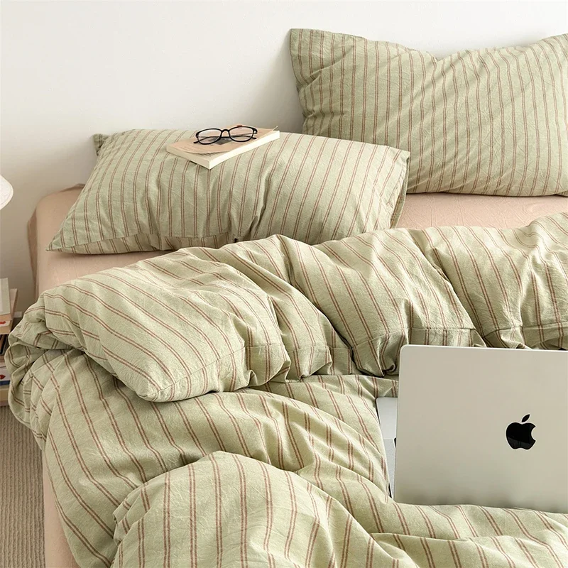 Japanese Geometric Stripes Bed Sets High-End Skin-Friendly 100% Cotton Bedding Set Luxury Washable Bedclothes for All Seasons
