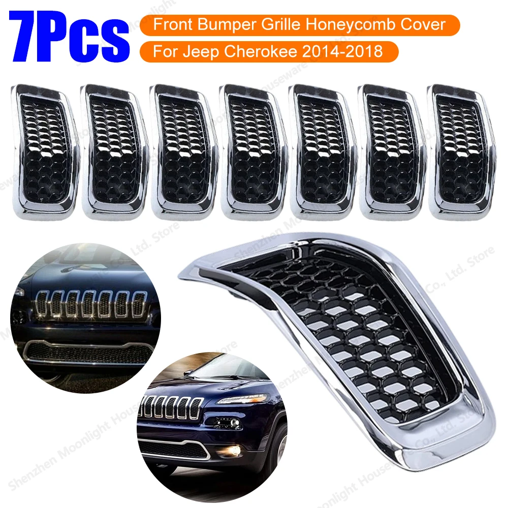 

7Pcs Front Bumper Grill Cover Road Front Grille Mesh Inserts Clip-in Honeycomb Grille Guards for Jeep Cherokee 2014-2018
