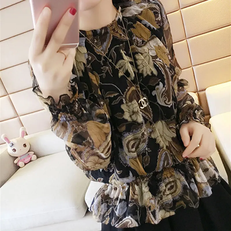 Commute Round Neck Blouse Spring Autumn Fashion Shirring Vintage Printed Korean Female Clothing Loose Casual Long Sleeve Shirt