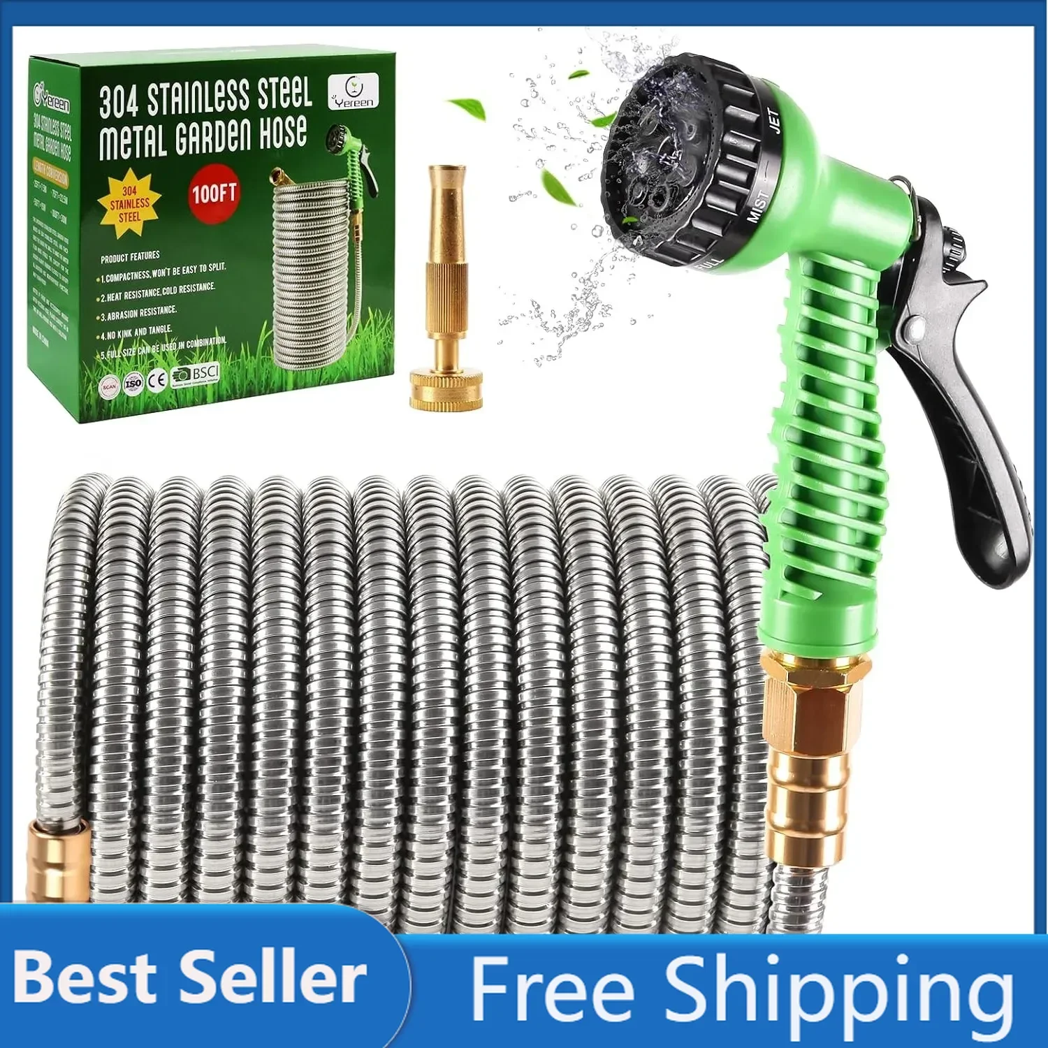 Yereen 304 Stainless Steel Metal Garden Hose 100FT, Garden Hose with 3/4