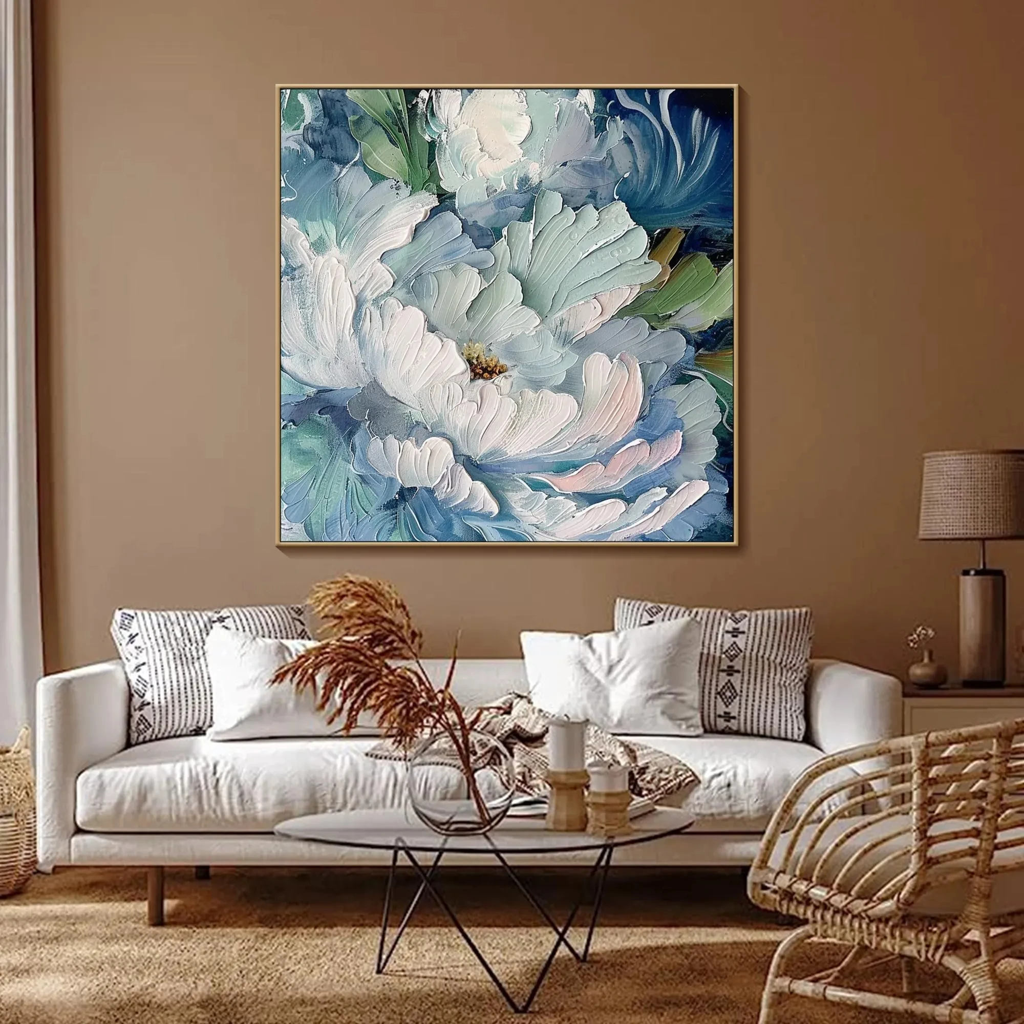 لوحة زيتية كبيرة على الطراز الفرنسي أنيقة باللون الأزرق الفاتح على شكل زهور، لوحة زيتية حديثة تجريدية، ديكور مثالي لغرفة المعيشة