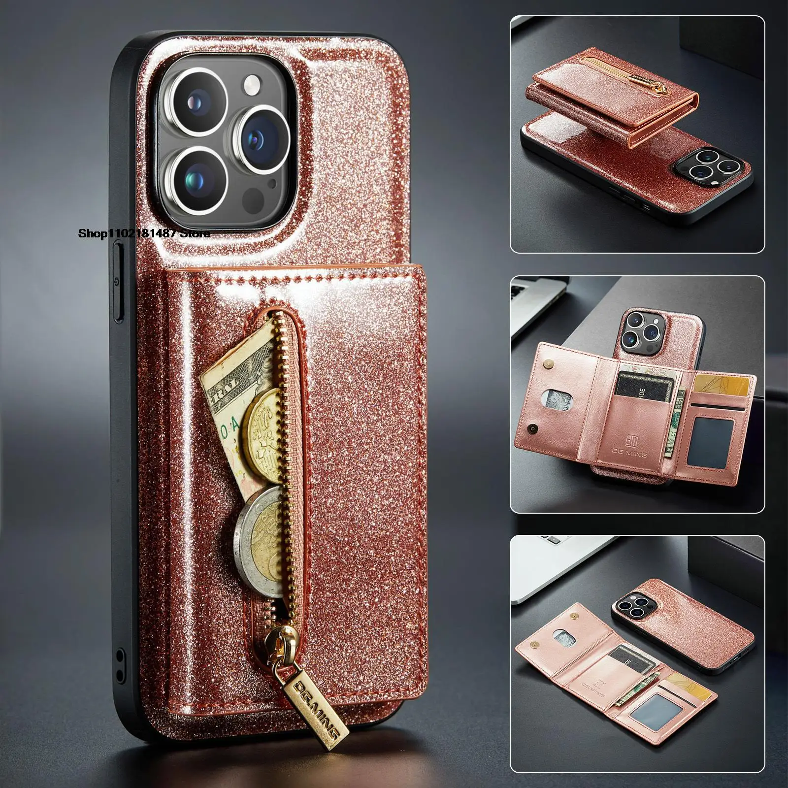 

DG.MING Detachable Magnetic Glitter Leather Wallet Phone Case For iPhone 15 14 13 11 12 Pro max 15PLUS Cover Holder Cards Pocket