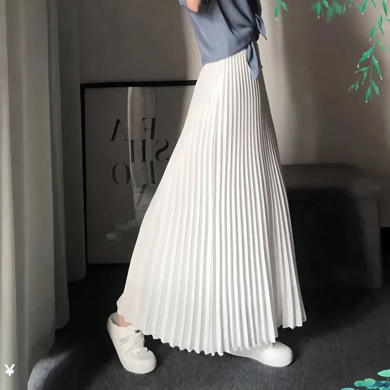 

Vintage Pleated Elastic High Waist Long Skirts for Women Korean Fashion Chiffon Solid Color A-line Skirt Casual All-match Skirts