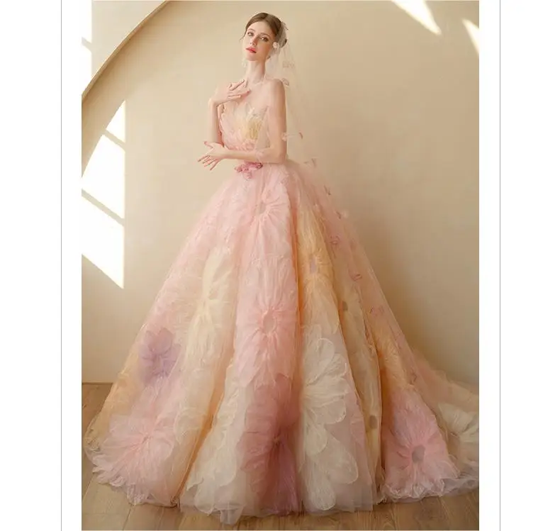 Customized Summer Fashion Stapless Wedding Dress Colorful Flower Bridal Gown Train Party Prom Evening Dress Vestido Noiva