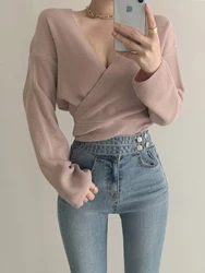 Sexy V-neck T shirts Women 2024 Autumn Winter Knitted Long Sleeve T-Shirt FemmeTops Korean Long Sleeve Loose Femme Tops