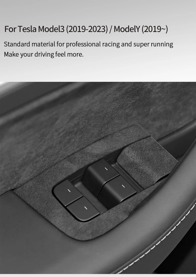 Hochwertige Wildleder-Abdeckung für Tesla Model 3 (2019-2023) und Model Y (2019-2024), Zierleiste für die Bedienelemente der Fenstersteuerung, Auto-Tuning-Zubehör. – Detail 1