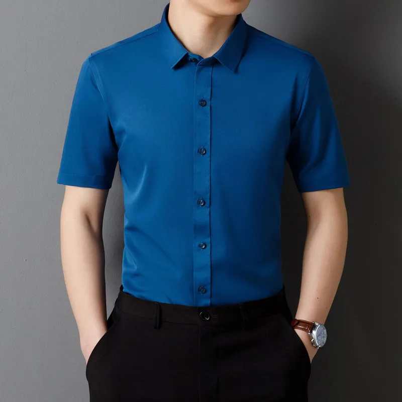 Classic Men\'s Shirt Summer Short Sleeve Business Formal Fit Soft Anti Wrinkle Social Smooth Workwear Blue Black Grey Large 5XL