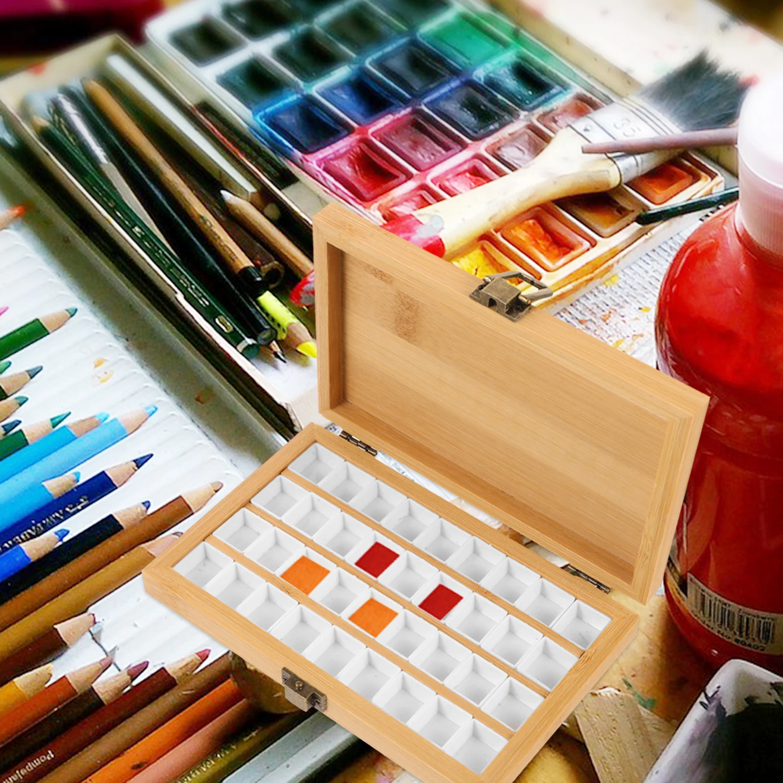 

Portable 36 Cells Watercolor Paint Box Wooden Palette for Travel Drawing Pigment Case Kids Color Mixing Tray Durable Storage