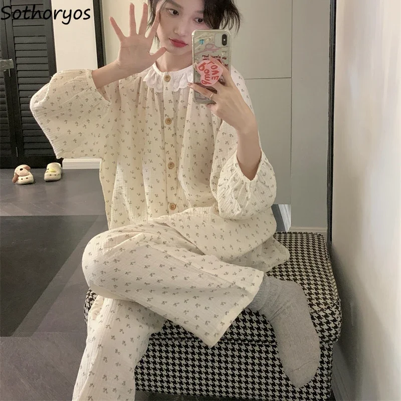 Floral Pajama Sets Women Baggy Sweet Casual Home College Girls Sleepwear Fashion Soft All-match Ulzzang Dormitory Lounge Mujer