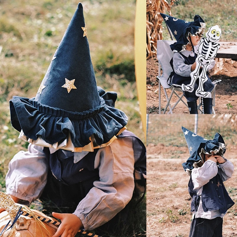 Children Pointed Hat Blue Halloween Hat Wizard Hat with Star and Moon Witch Hat Cosplay Props Hat for Family Gatherings