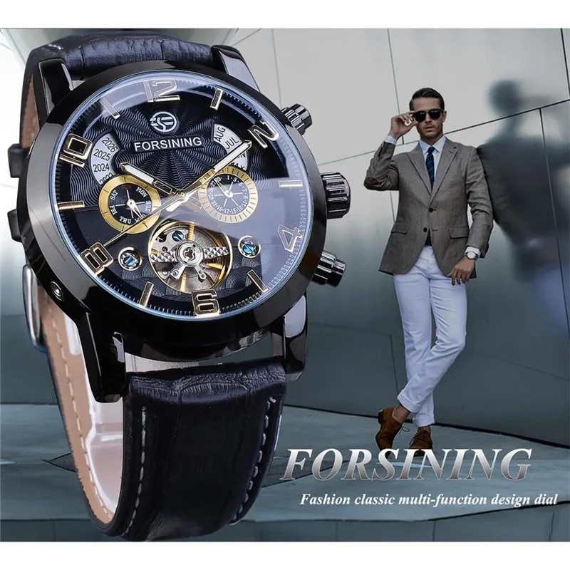 Forsining 165A Calendar Leather Men Mechanical Automatic Wrist Watches Military Sport Male Tourbillion Multi Function Clock