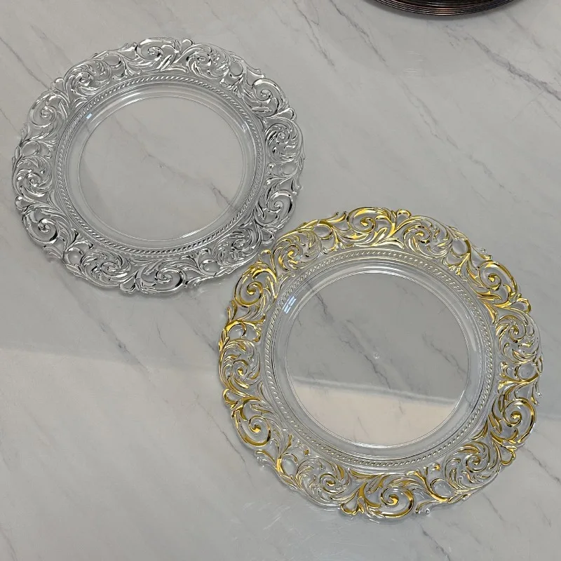 24-Piece Set Transparent Gold-Rimmed Charger Plates for Banquet Table Setting Fruit Salad and Western Dining Display