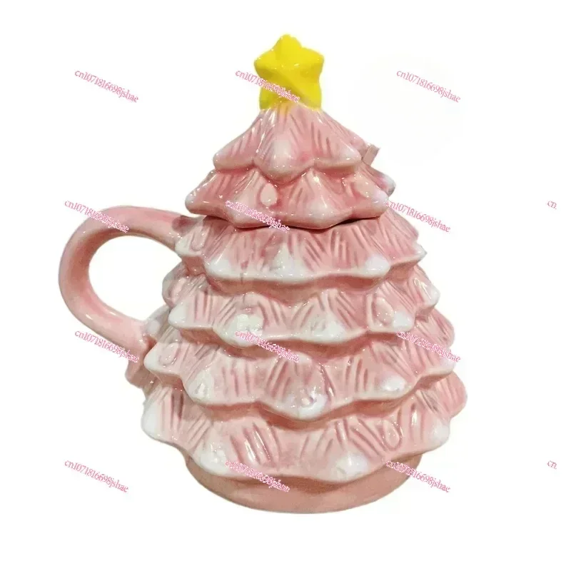 Pink Christmas Tree Cup with no Spoon , Lid At High Temperature (hot Water Can Be Drunk) Has Uneven Glaze Leakage.