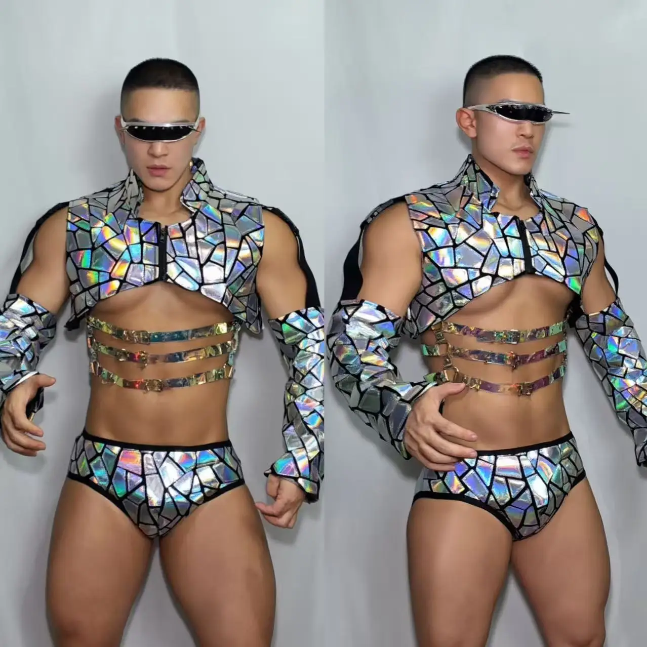 Bar Nightclub Sequins Stage Costume Set Silver Mirror Crop Arm Vest Briefs 3 Pieces Gogo Dancer Festival Performance Outfit