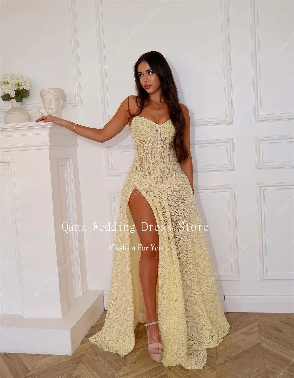Qanz Yellow Full Lace Prom Dress Sweertheart High Slit Vestidos De Fiesta Elegantes Long Wedding Guest Dresses Customized image 5